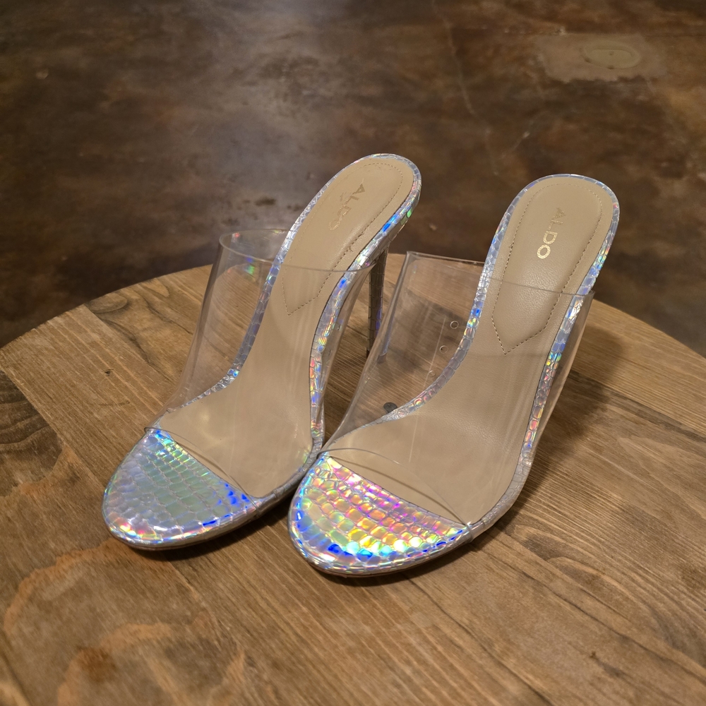 ALDO Silver Dussa Mule Sandals “Animal Attack” Clear Strap Heels Size 7.5